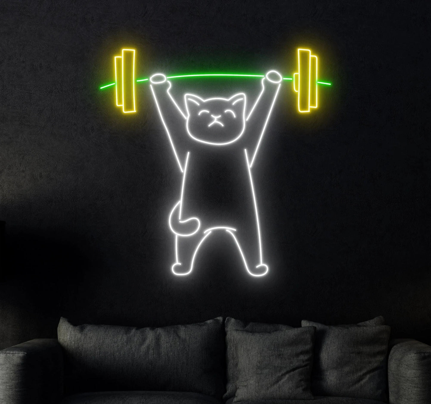 Gaming Neon Sign Cute Cat with Dumbbell