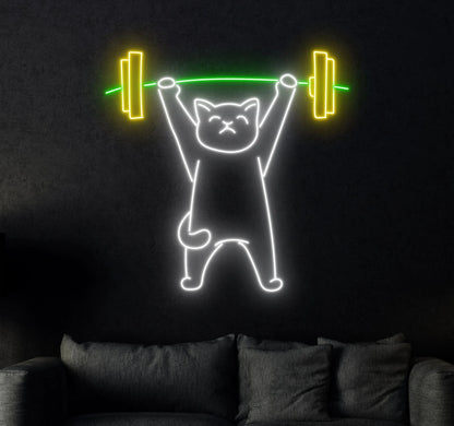 Gaming Neon Sign Cute Cat with Dumbbell